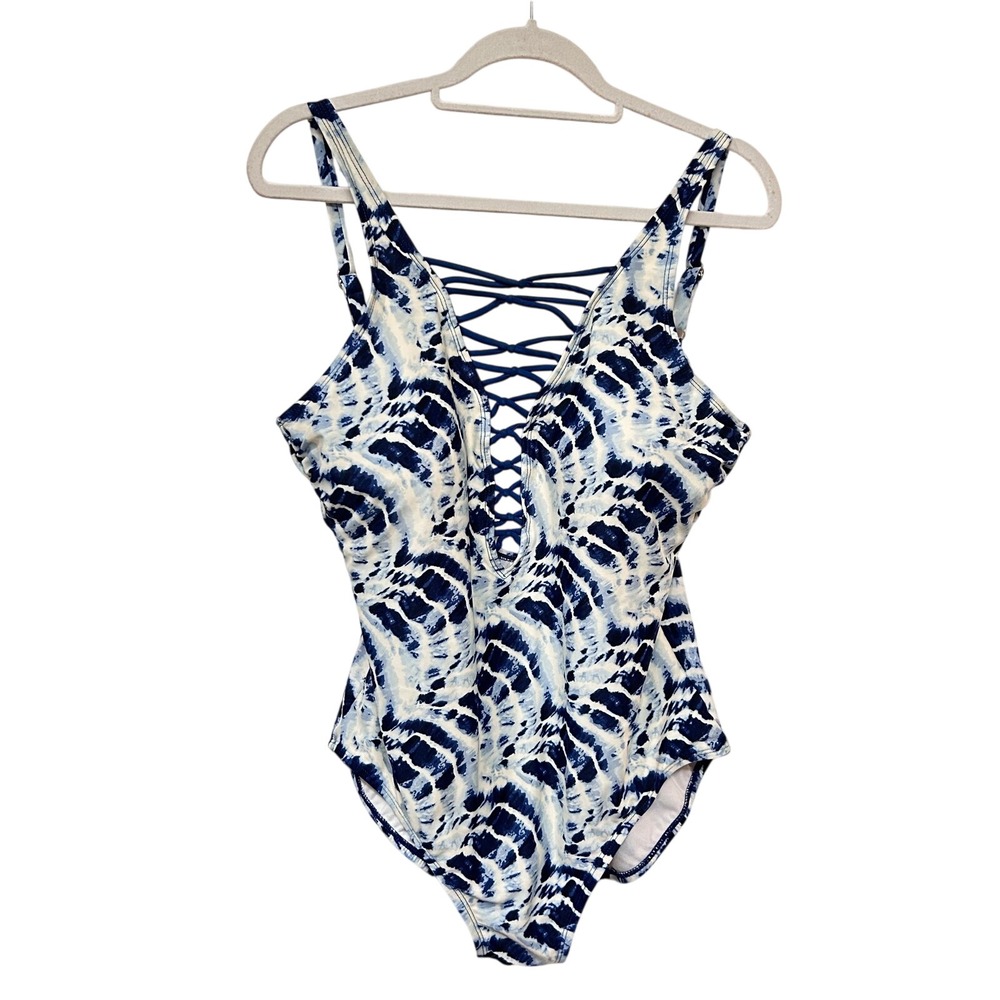 Womens One Piece Swimsuit‎ Bathing Suit Blue White Tie Dye Boho Pool XL 16-18